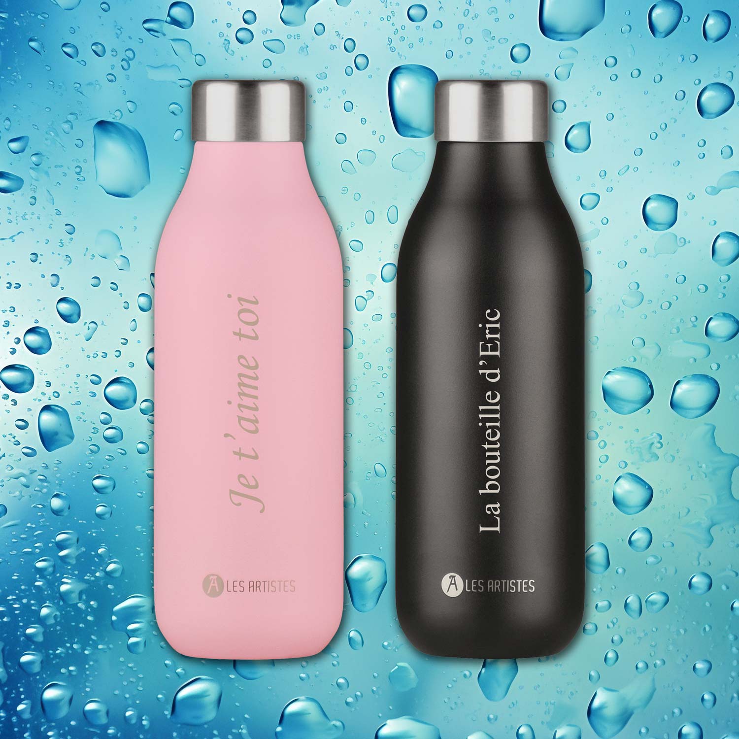 Bouteilles isothermes 500 ml personnalisées, en inox noir et rose, avec gravure de texte, idéales pour garder boissons chaudes ou froides.
