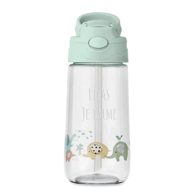 Bouteille pour enfant personnalisée en Tritan avec gravure “LILAS JE T’AIME” et motifs éléphants colorés, parfaite comme cadeau personnalisé.