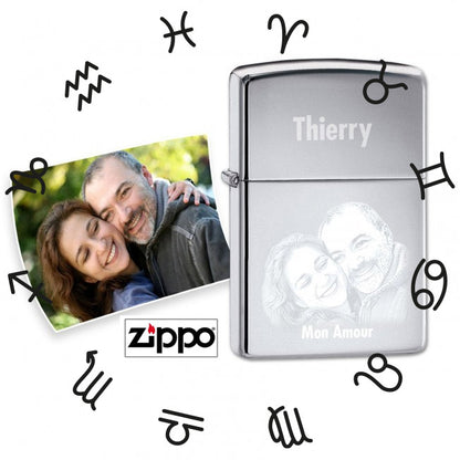 Briquet Zippo astrologie gravé avec photo et prénom, un cadeau personnalisé unique pour offrir avec émotion.