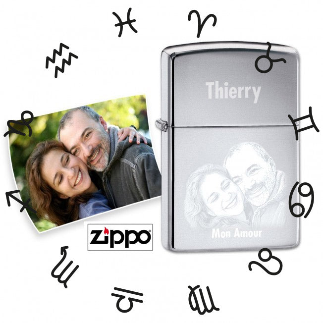 Briquet Zippo astrologie gravé avec photo et prénom, un cadeau personnalisé unique pour offrir avec émotion.