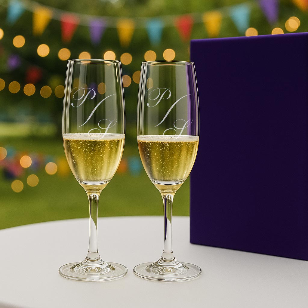 Duo de flûtes à champagne avec gravure monogramme, parfait pour trinquer lors d’un mariage, d’un anniversaire ou d’une fête romantique en plein air.