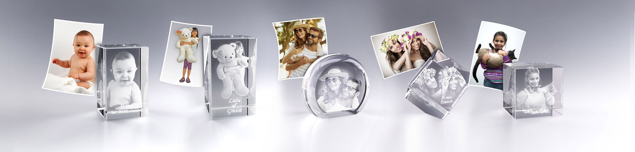Collection de cadeaux personnalisés Zephyr Paris : blocs en verre gravés en 3D avec portraits, souvenirs et animaux, idée cadeau unique.