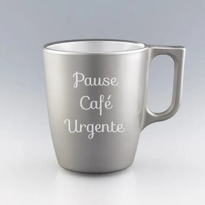 Mug argenté en verre 25 cl à personnaliser avec le texte de votre choix. Cadeau utile, expressif et 100 % original.