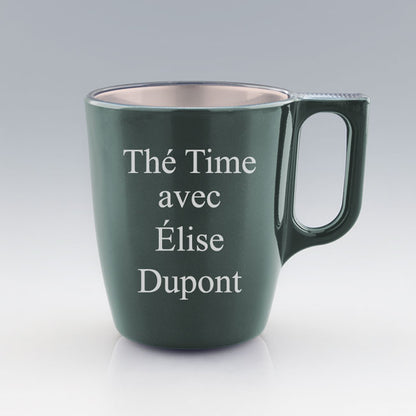 Mug en verre vert 25 cl à personnaliser avec un message. Idéal comme cadeau personnalisé original pour les amateurs de thé ou d’infusions.