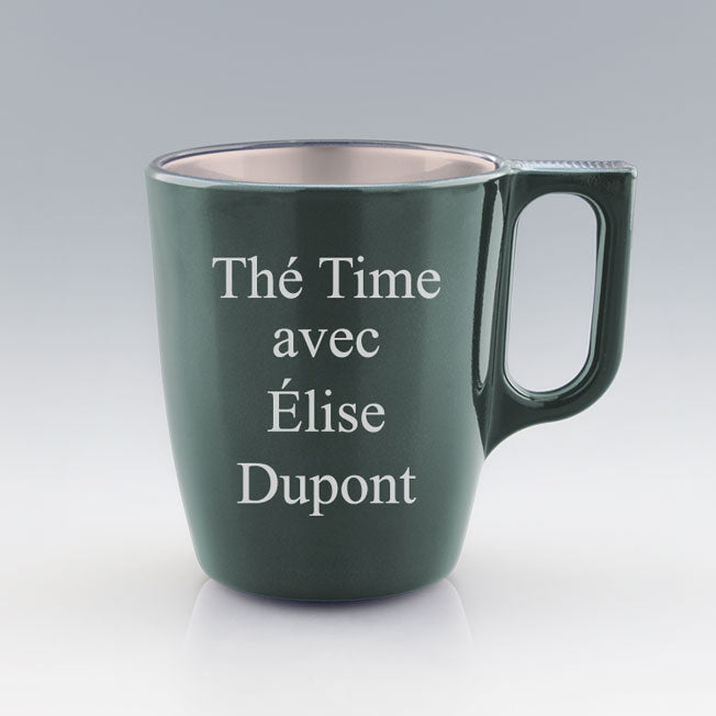 Mug en verre vert 25 cl à personnaliser avec un message. Idéal comme cadeau personnalisé original pour les amateurs de thé ou d’infusions.