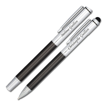 Parure de stylos personnalisés avec gravure laser de prénoms – stylo bille avec stylet et roller dans une finition noire élégante.