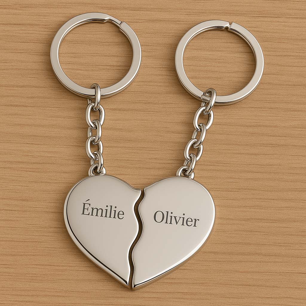 Porte-clés en forme de cœur séparé en deux parties gravées "Émilie" et "Olivier", symbole d’amour ou d’amitié, posé sur une surface en bois clair.