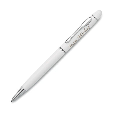 Stylo bille tactile blanc en aluminium avec gravure prénom, stylo personnalisé élégant pour cadeau professionnel.