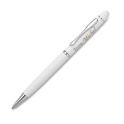 Stylo bille tactile blanc en aluminium avec gravure prénom, stylo personnalisé élégant pour cadeau professionnel.