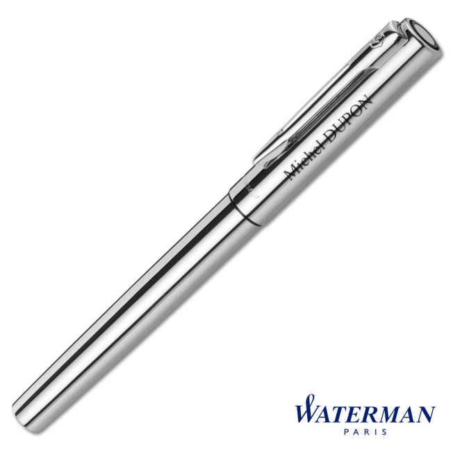 Stylo Roller Waterman Graduate argenté avec gravure personnalisée du nom – un cadeau élégant et professionnel à offrir en toutes occasions.
