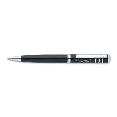 Stylo en métal noir brillant à personnaliser, gravé avec le prénom Laurent, idéal comme cadeau élégant.