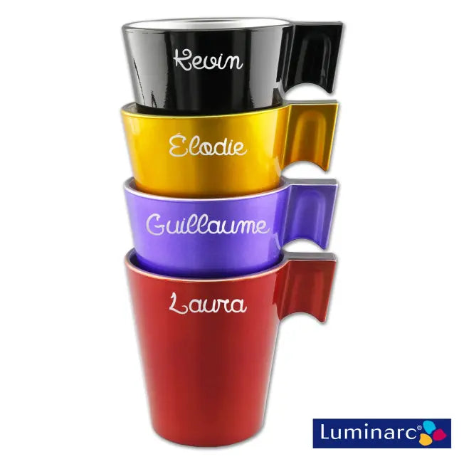 Lot de tasses empilables Luminarc personnalisées avec prénom, proposées dans un coffret avec photo. Un cadeau original et pratique à personnaliser.