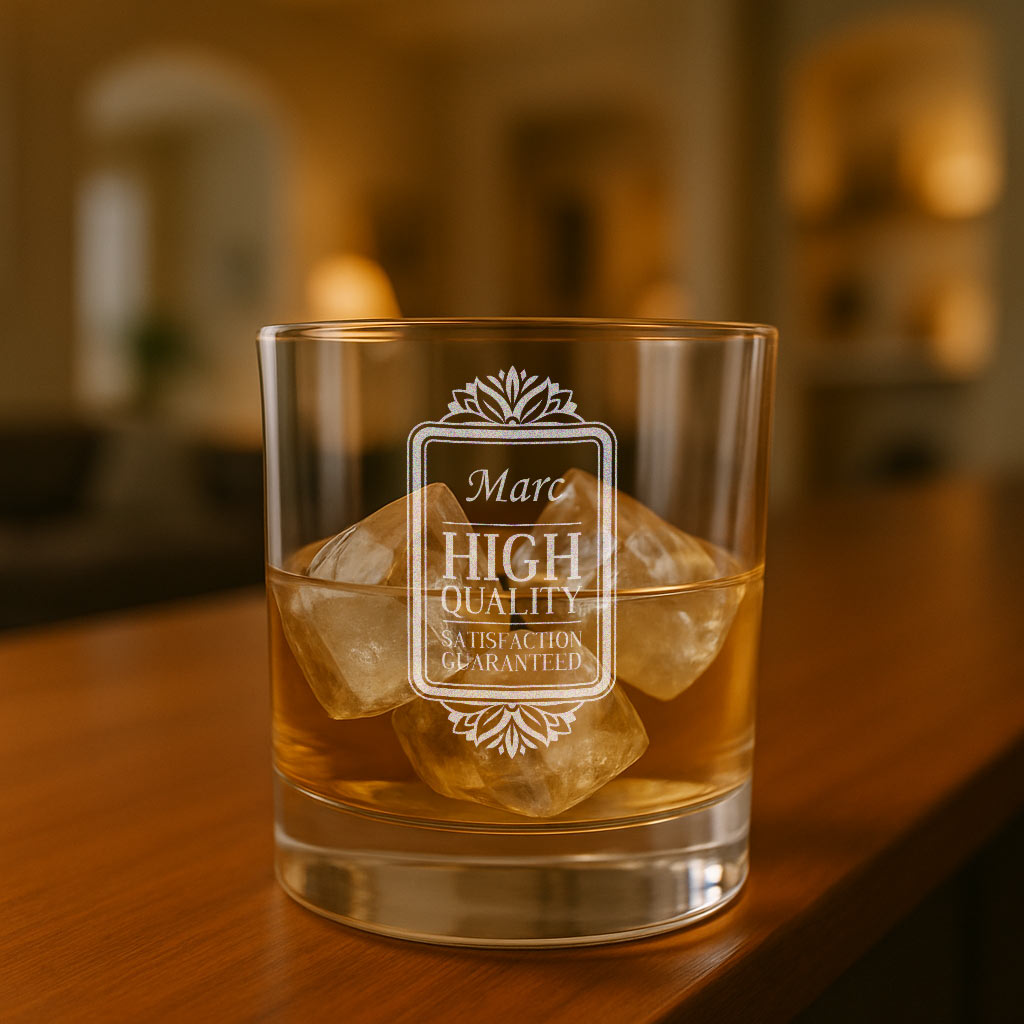 Verre à whisky personnalisé avec glaçons et gravure "Marc", parfait pour offrir un cadeau d’anniversaire raffiné et unique à un homme qui aime le bon goût.