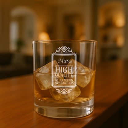 Verre à whisky personnalisé avec glaçons et gravure "Marc", parfait pour offrir un cadeau d’anniversaire raffiné et unique à un homme qui aime le bon goût.