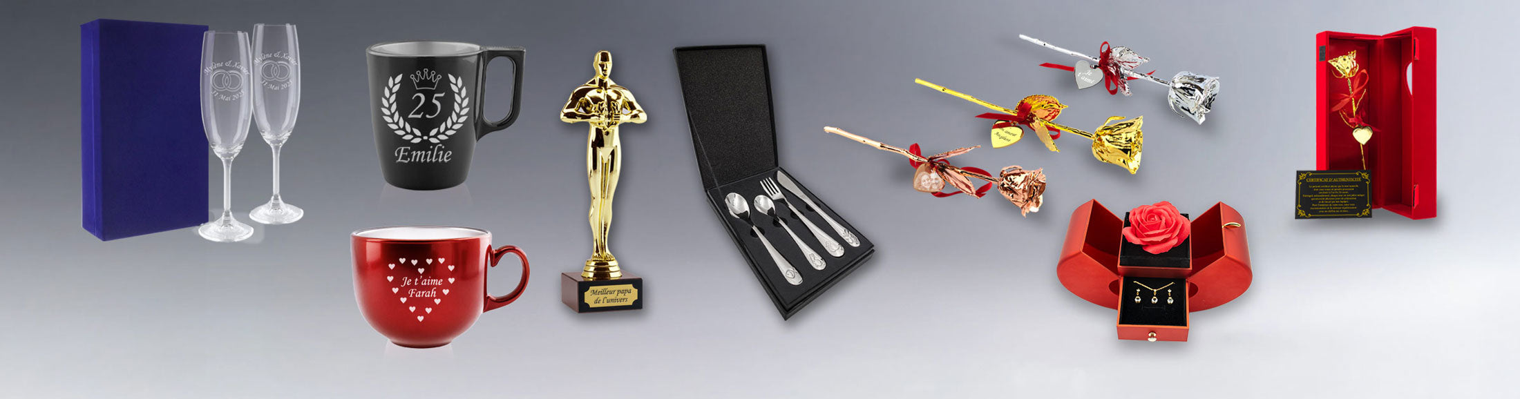 Sélection de cadeaux personnalisés Zephyr Paris avec gravure : flûtes à champagne, mugs, statuette dorée, coffret couverts, roses en or et coffret à bijoux.