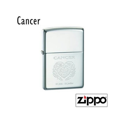Briquet Zippo illustré du signe Cancer avec deux crabes entrelacés et les dates astrologiques 21 juin - 22 juillet en bas.