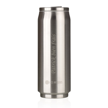 Canette isotherme en inox argent 500 ml personnalisée avec gravure, idéale pour conserver boissons chaudes ou froides avec style.