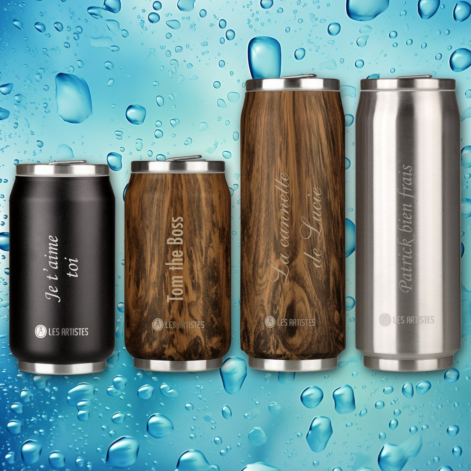 Canettes isothermes personnalisées en acier inoxydable noir, bois et argent, avec gravure de texte, parfaites pour boissons chaudes ou froides.