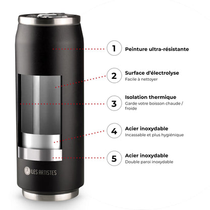 Canette isotherme noire en acier inoxydable, peinture ultra-résistante, double paroi isolante, incassable et facile à nettoyer.