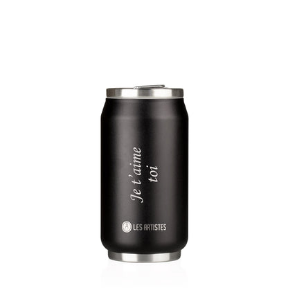 Canette isotherme noire 280 ml en acier inoxydable personnalisée avec gravure, idéale pour boissons chaudes ou froides au quotidien.