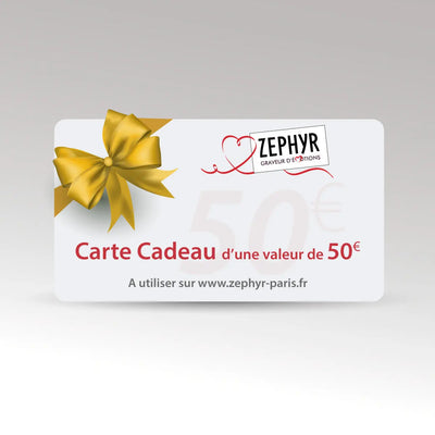 Carte cadeau Zephyr Paris d’une valeur de 50€, design raffiné avec nœud doré, idéale pour un cadeau gravé au choix.