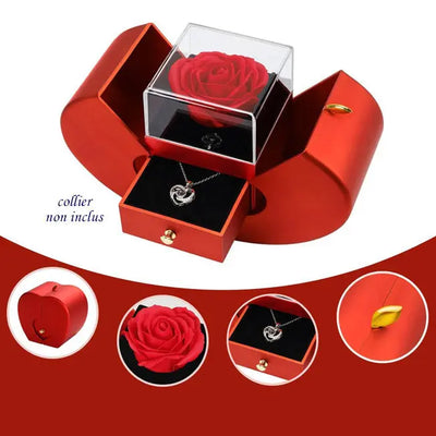 Coffret cadeau en forme de cœur avec rose éternelle et tiroir pour bijou. Idéal pour offrir un bijou avec une touche romantique (collier non inclus).