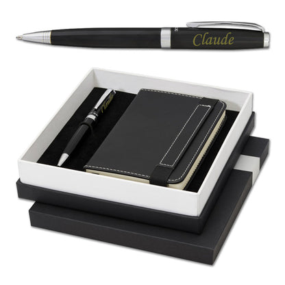 Coffret cadeau luxe contenant un stylo à bille noir personnalisé et un carnet noir assorti, parfait pour un cadeau professionnel ou personnel.