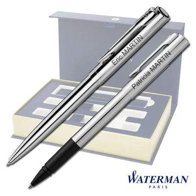 Coffret Waterman haut de gamme vide, conçu pour accueillir un stylo bille et un roller personnalisés, intérieur raffiné en mousse blanche.