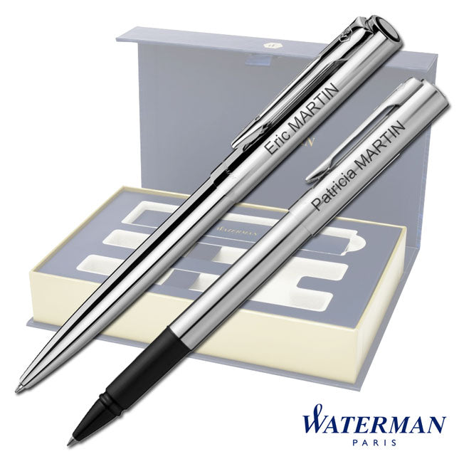 Coffret Waterman haut de gamme vide, conçu pour accueillir un stylo bille et un roller personnalisés, intérieur raffiné en mousse blanche.