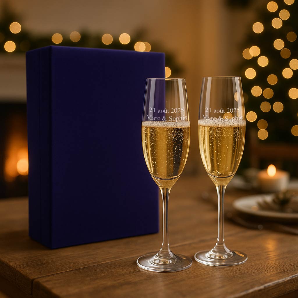 Coffret deux flûtes gravées avec un texte libre dans un coffret bleu. Cadeau original pour mariage, anniversaire de mariage ou célébration romantique.
