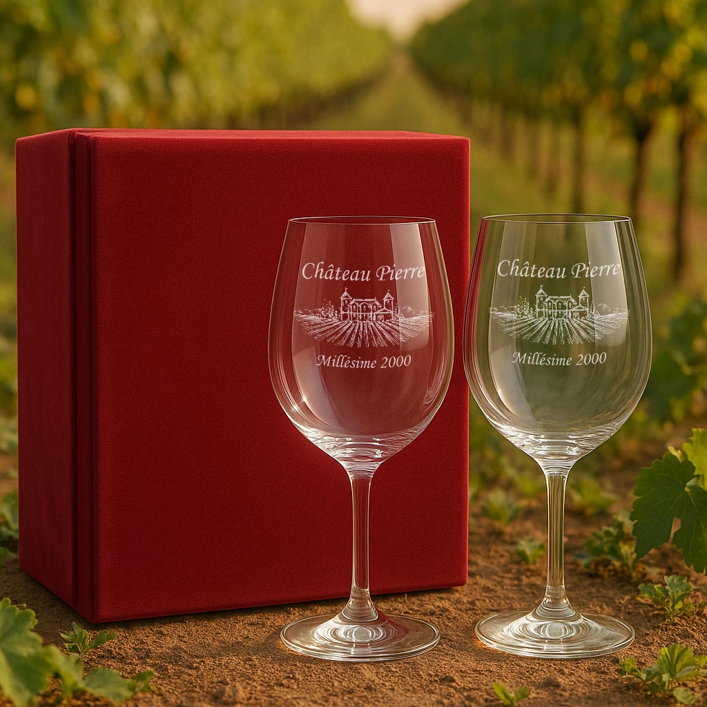 Deux verres à vin personnalisés avec les prénoms Julie & Thomas et la date du 12 septembre 2025, présentés dans un coffret rouge sur une table de dîner, ambiance élégante autour du vin et des grandes occasions.