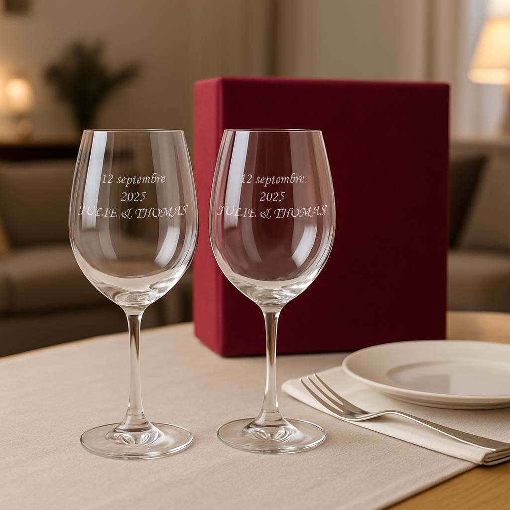 Coffret cadeau contenant deux verres à vin personnalisés par gravure laser avec les prénoms Julie & Thomas et la date 12 septembre 2025, posés sur une table dressée dans une ambiance chaleureuse.