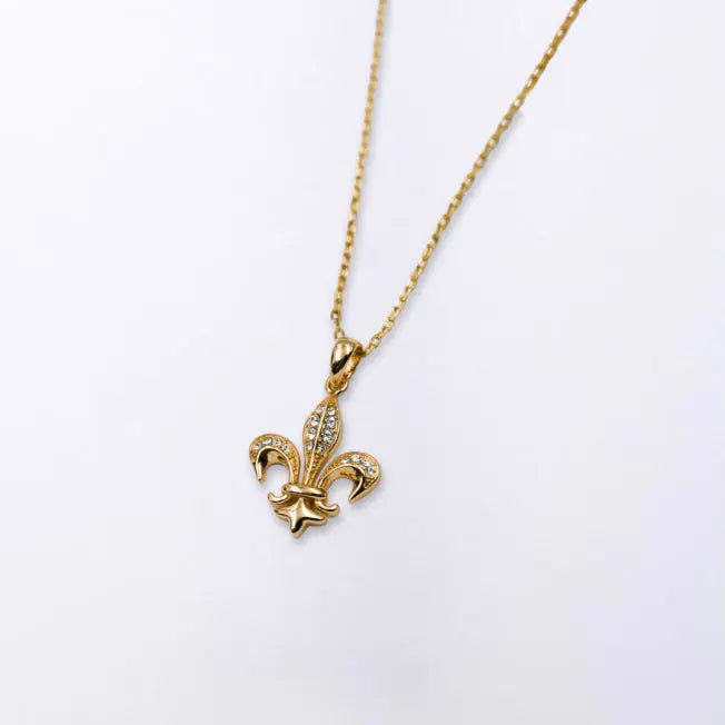 Collier doré Fleur de Lys présenté dans un écrin bleu personnalisable, symbole d'élégance et de noblesse. Idéal comme cadeau raffiné.