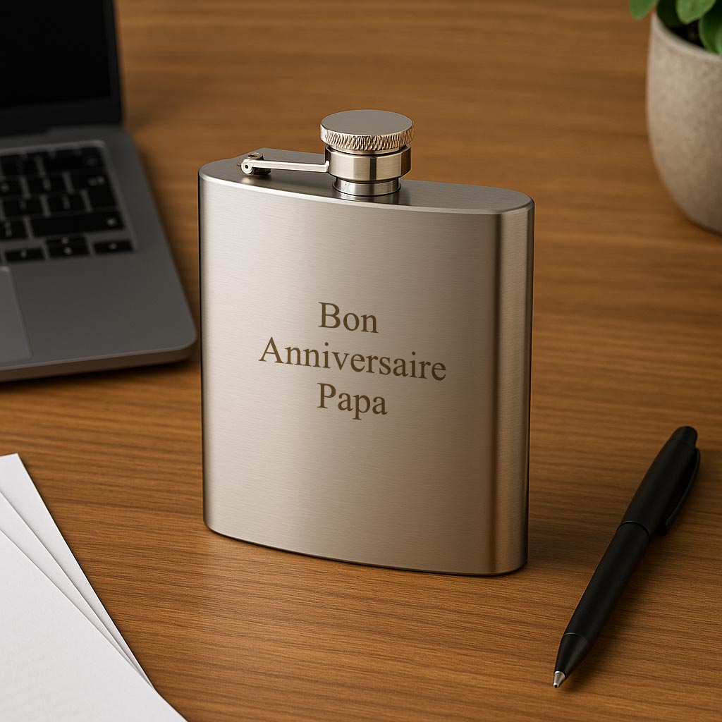 Flasque personnalisée posée sur un bureau, gravée "Bon Anniversaire Papa", parfaite pour offrir un message gravé avec élégance et émotion.
