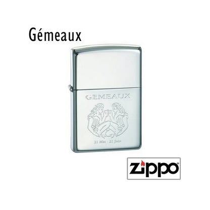 Briquet Zippo finition miroir gravé du motif Gémeaux, deux personnages en symétrie et dates 21 mai - 21 juin.