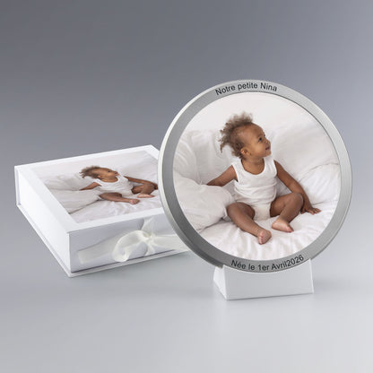 Grande Médaille de Naissance Personnalisée Photo en Verre et Métal