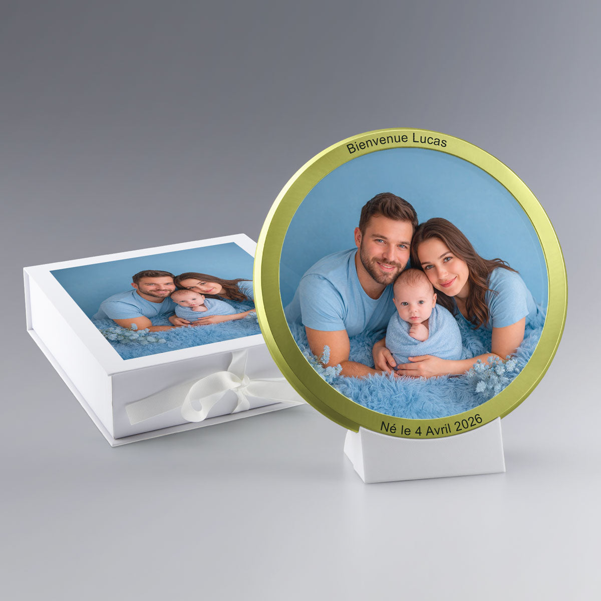 Grande Médaille de Naissance Personnalisée Photo en Verre et Métal