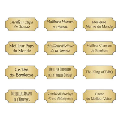 Exemples de plaques personnalisées pour trophée Oscar : papa, maman, voisin, BBQ, mariage… à graver selon votre message ou dédicace.