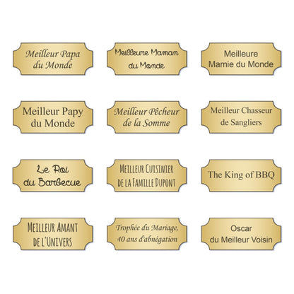 Exemples de plaques personnalisées pour trophée Oscar : papa, maman, voisin, BBQ, mariage… à graver selon votre message ou dédicace.