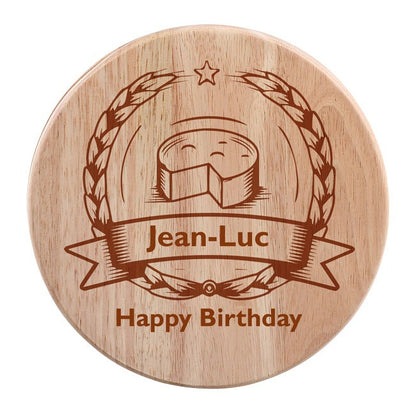Plateau rond en bois gravé "Jean-Luc - Happy Birthday", orné d’un motif laurier avec ustensiles inclus, pour un anniversaire gourmand.