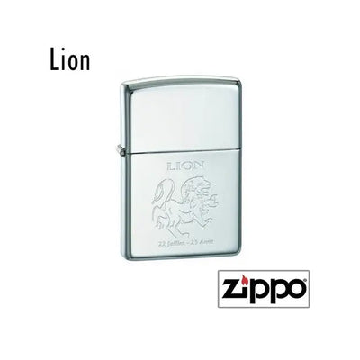 Briquet Zippo chromé décoré du signe astrologique Lion en relief, avec les dates 22 juillet - 23 août gravées.