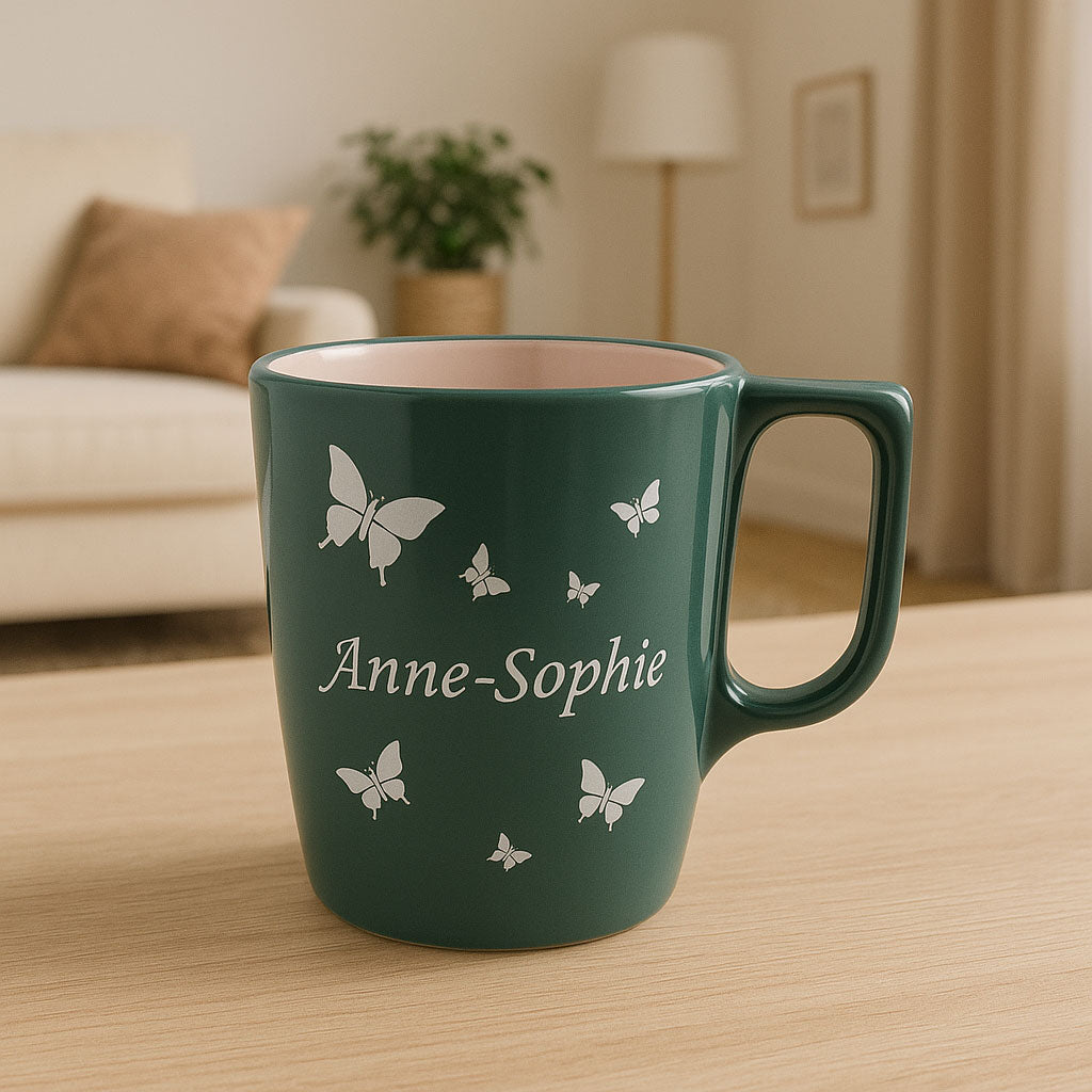 Mug vert 25 cl avec papillons, posé sur une table dans un intérieur chaleureux. Un cadeau personnalisable à offrir pour toute occasion.