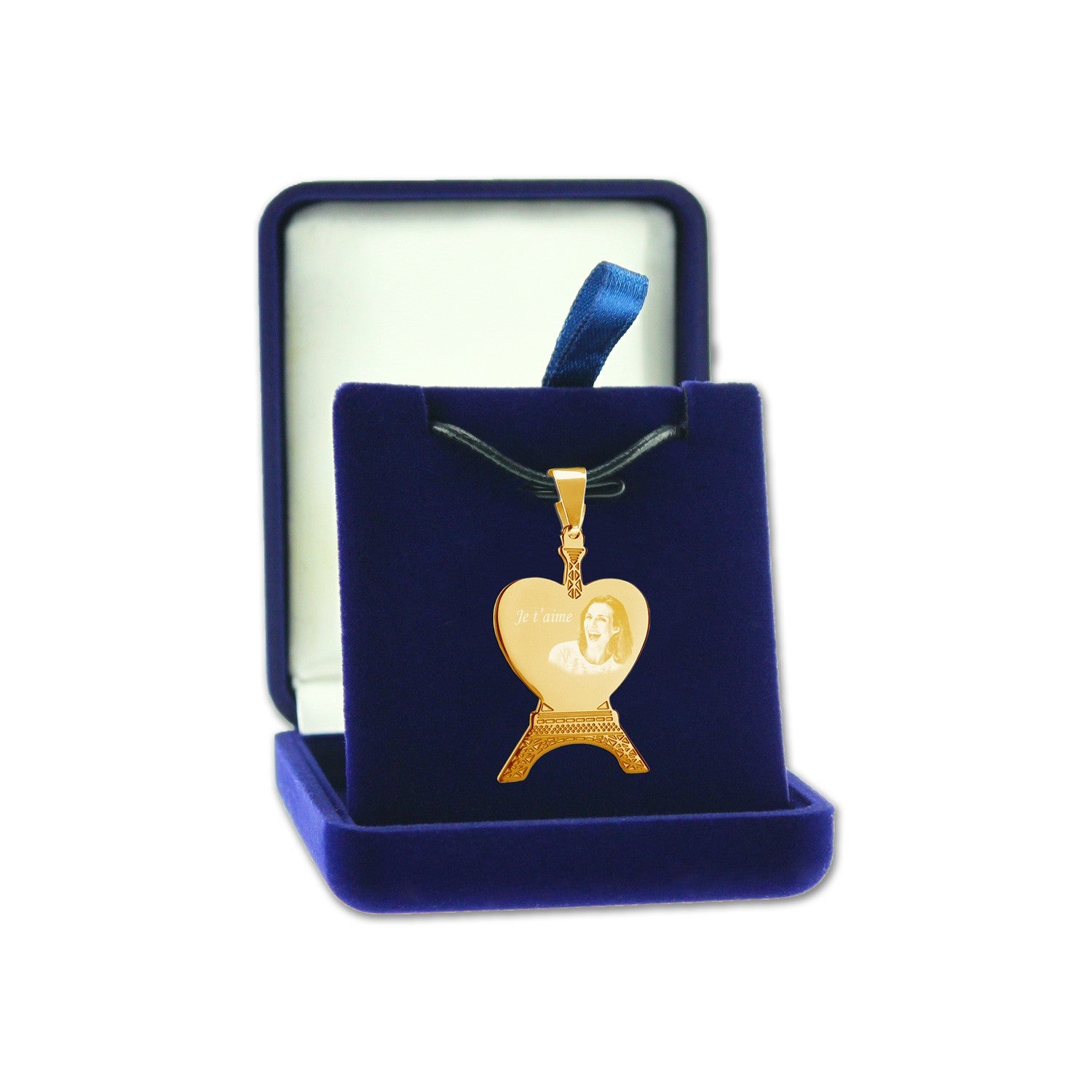 Pendentif Cœur Tour Eiffel doré – Cadeau personnalisé unique gravé avec photo et texte. Livré dans un écrin bleu nuit élégant, idéal pour offrir à Paris ou à distance.