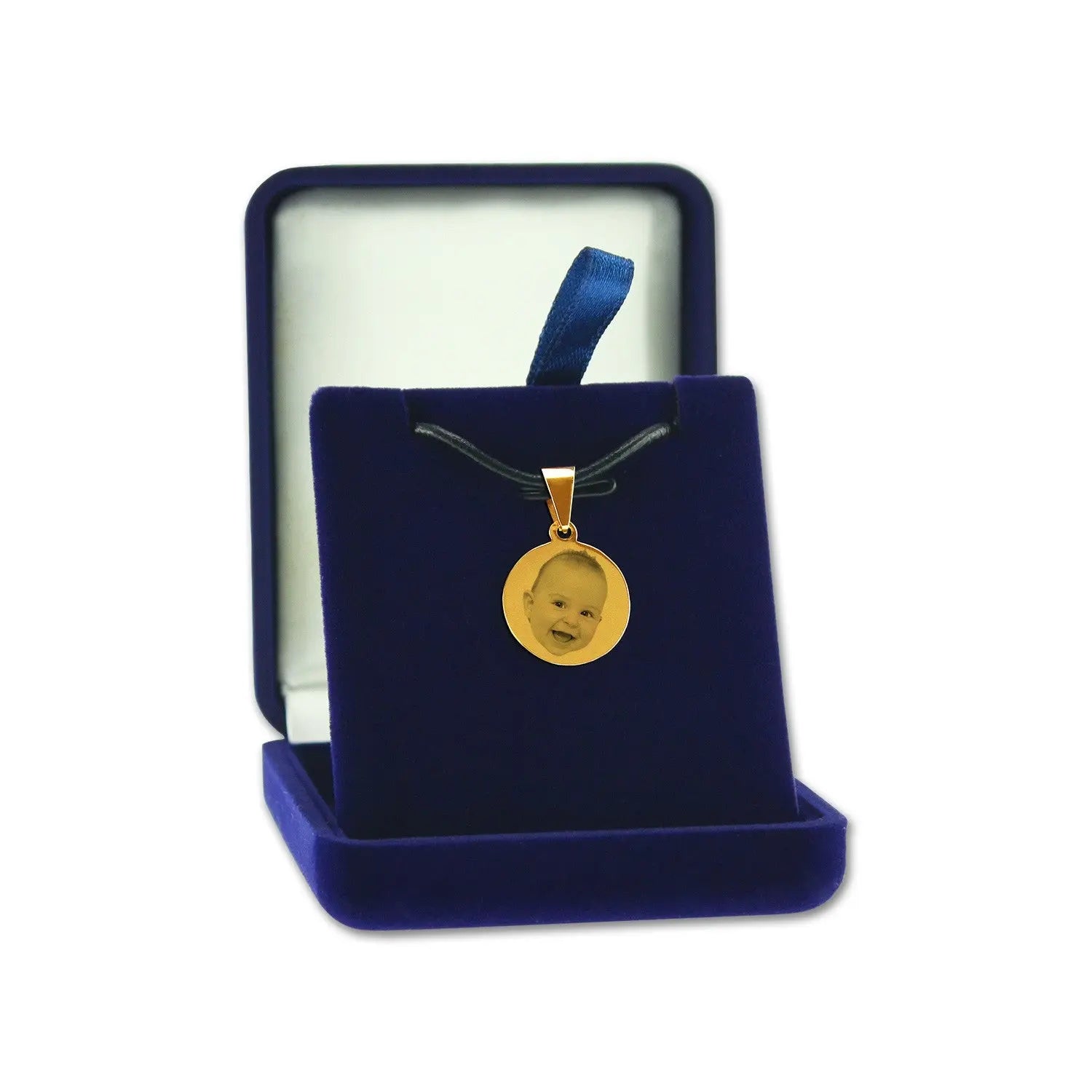 Pendentif Rond Doré Personnalisable – Cadeau unique gravé avec une photo de votre choix. Idéal pour un souvenir précieux, livré dans un écrin bleu nuit raffiné.