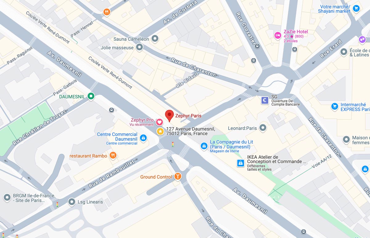 Plan d’accès à Zephyr Paris – 127 Avenue Daumesnil, 75012 Paris – proche métro Daumesnil, centre commercial, et Promenade Plantée.