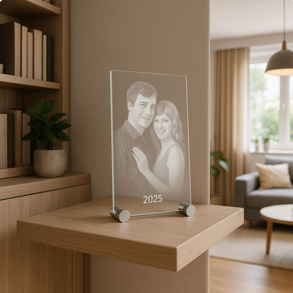 Plaque photo verticale en verre avec gravure 2D d’un couple enlacé, posée sur étagère en bois, avec l’année 2025 gravée au bas.