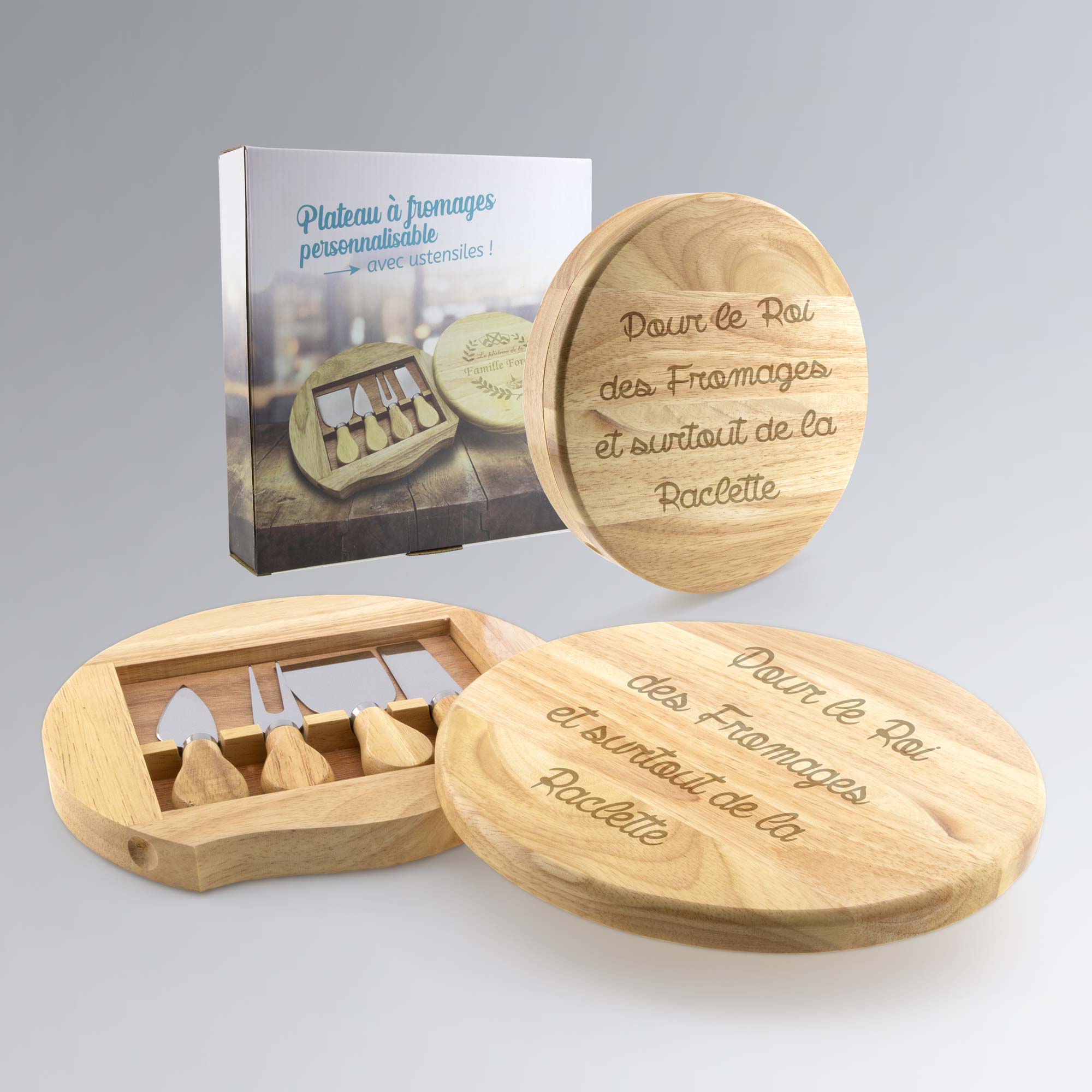Plateau en bois gravé « Pour le Roi des Fromages et surtout de la Raclette », livré avec ustensiles, à personnaliser avec votre propre texte pour un cadeau original.