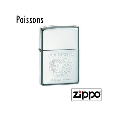 Zippo Poissons à personnaliser, gravé avec le signe astrologique et ses dates. Offrez un cadeau durable et symbolique à un natif de février à mars.