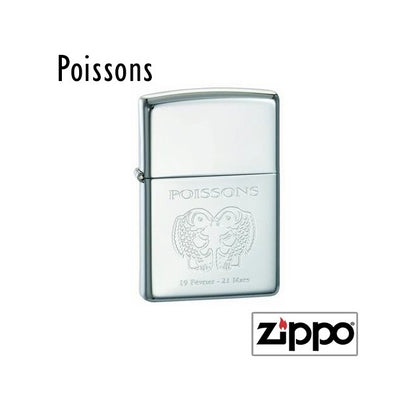 Zippo Poissons à personnaliser, gravé avec le signe astrologique et ses dates. Offrez un cadeau durable et symbolique à un natif de février à mars.