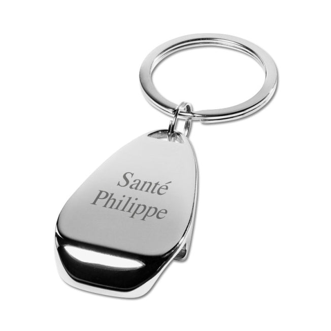Porte-clés décapsuleur métallique personnalisé avec le texte “Santé Philippe”, élégant et pratique pour un cadeau sur mesure gravé au laser.